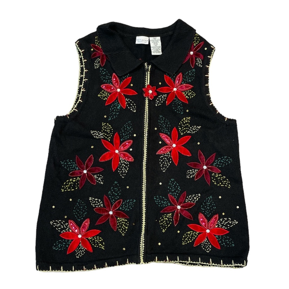 White Stag Poinsettia Sweater Vest Christmas Sweater Beading Size 16W
